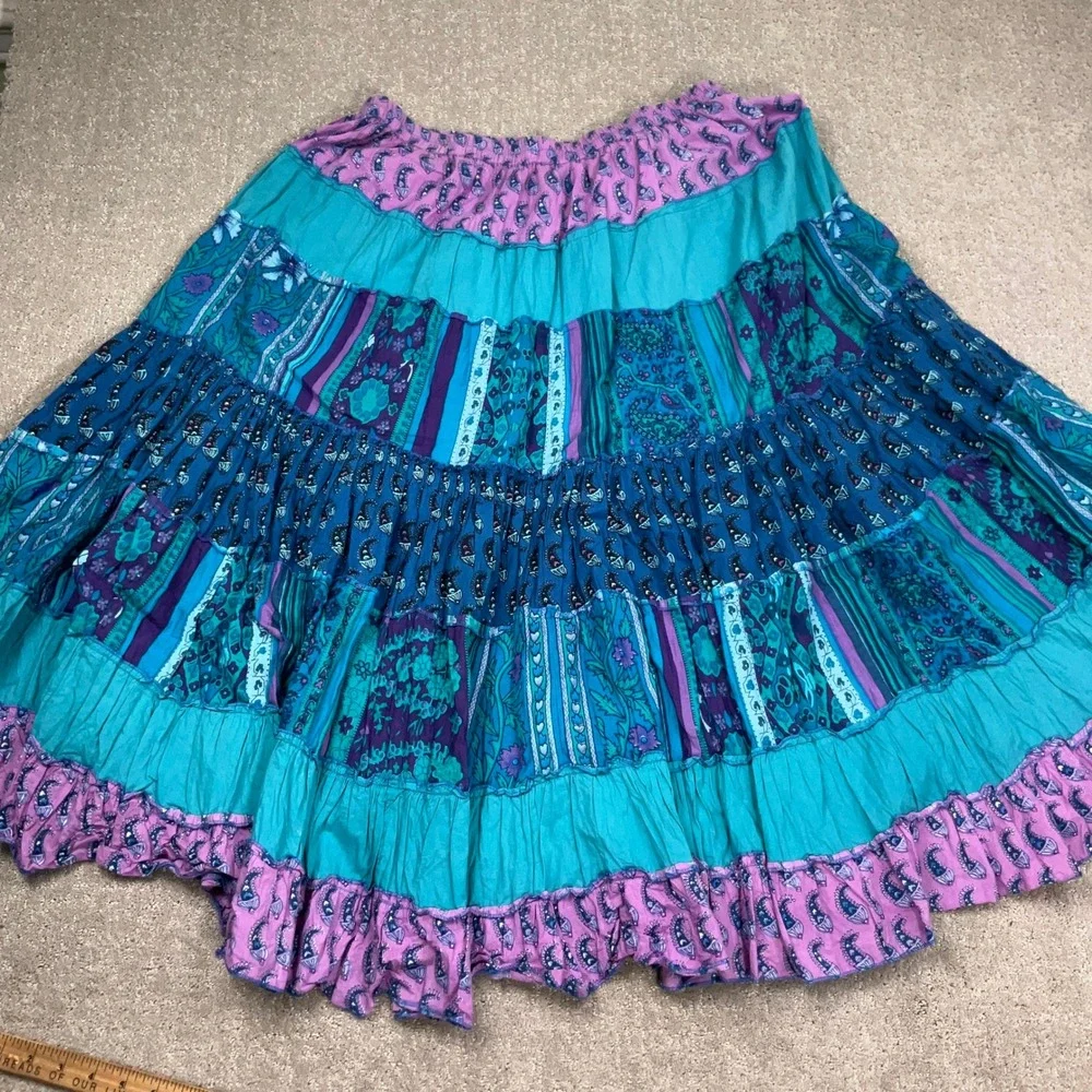 Phool Maxi Skirt Women XL Blue Purple Paisley Tiered Boho Ruffled Cotton India